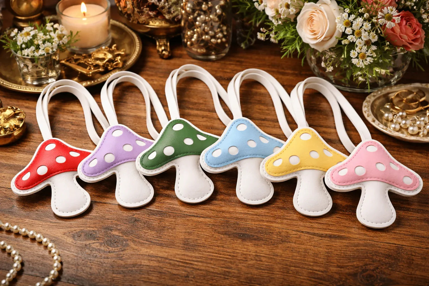 6 different colored Meadow Mushroom – Handmade Leather Mushroom Bag Charms on Wooden table.