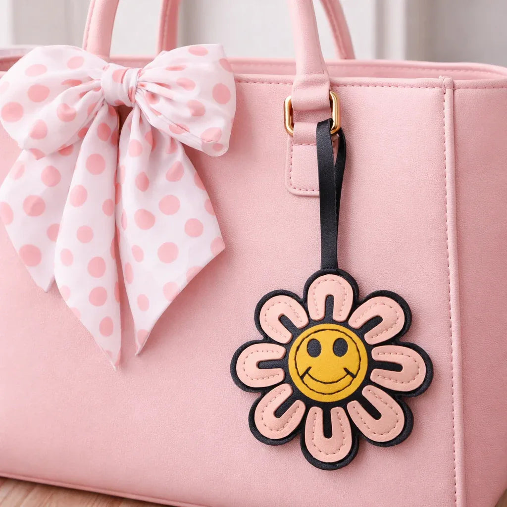A pink Smiles in Bloom Daisy Bag Charm on a pink purse with scarf on table.