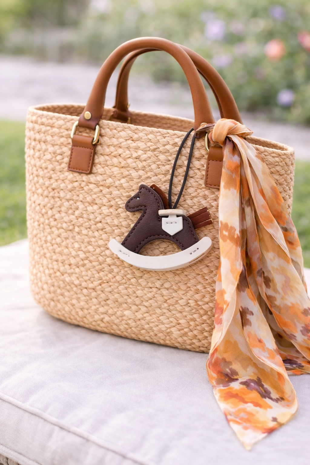 Brown Rockabye Keepsake Horse Charm on straw purse with scarf on pillow.