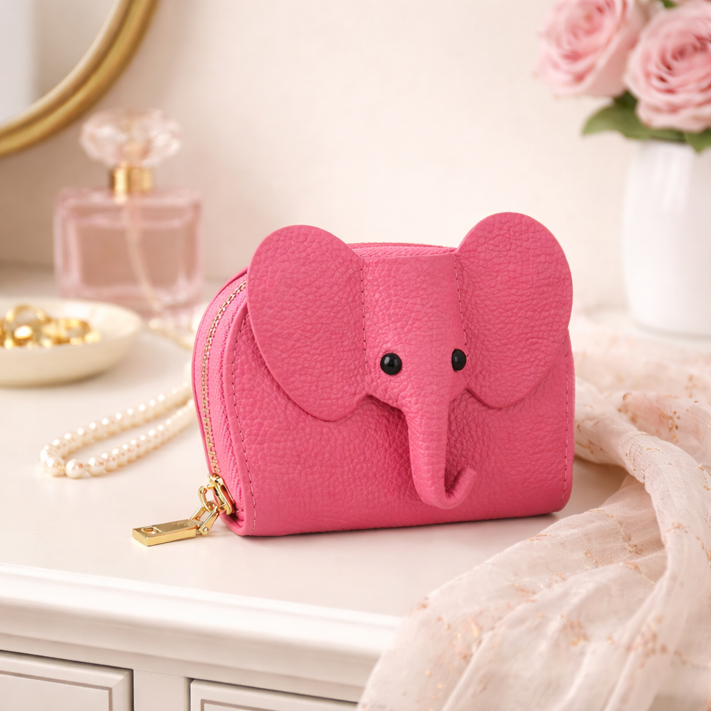 Elephant-shaped leather card holder in Pink with a secure gold zipper and multiple card slots