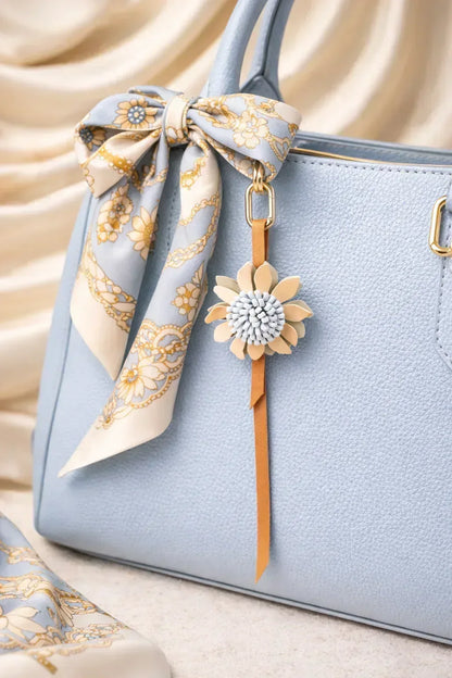 Light blue Autumn Rosette Charm on blue purse with scarf. 