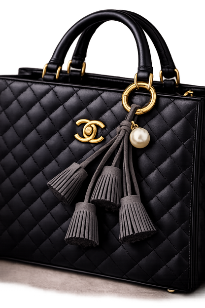 Black Suede & Pearl Tassel Bag Charm with pearl accent on brass key ring on black luxury bag. 