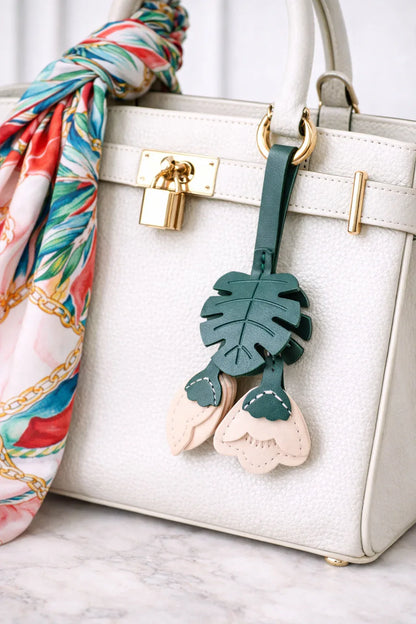 Monstera Bloom Leather Bag Charm – Botanical Floral Leather Keychain, Handmade Flower Bag Accessory, Gift for Plant Lovers - Roxy's Collectables