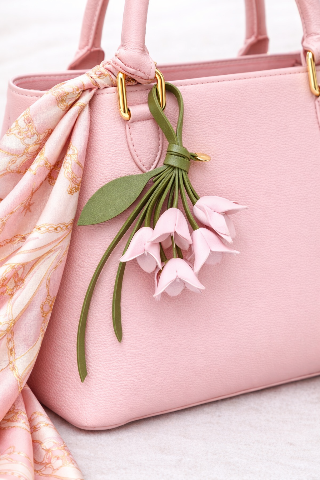 Pink  Petite Lily Bag Charm  with leather strap on purse with scarf. 