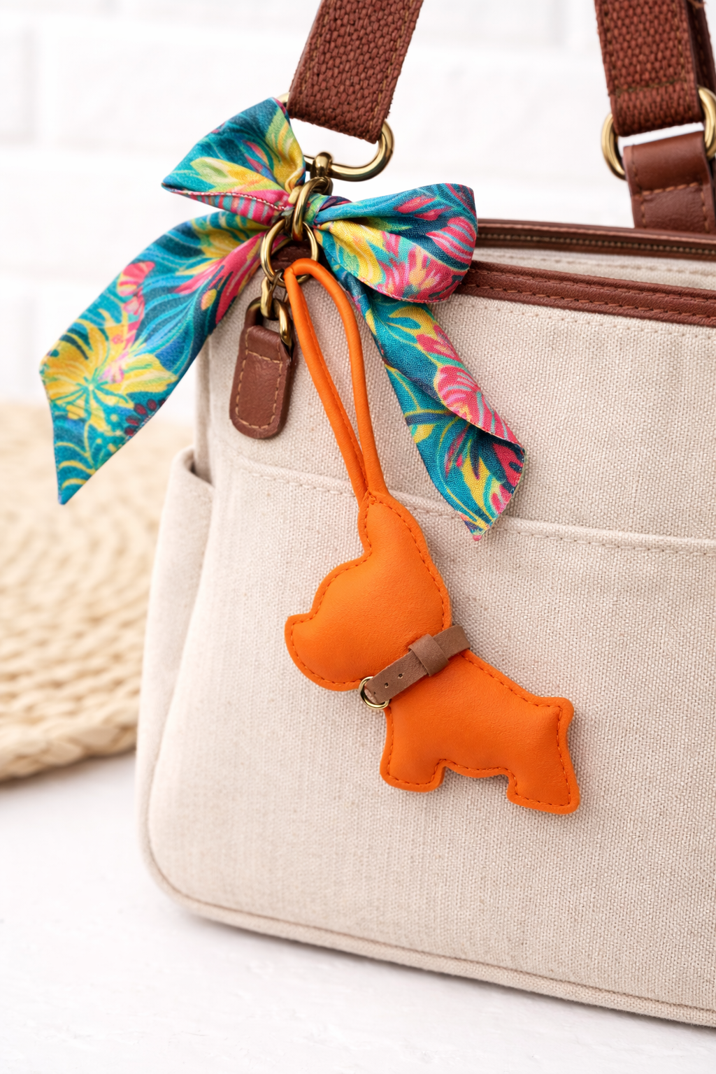Yellow  colored  Pocket Puppy Leather Bag Charm  with collar on a white purse with scarf. 