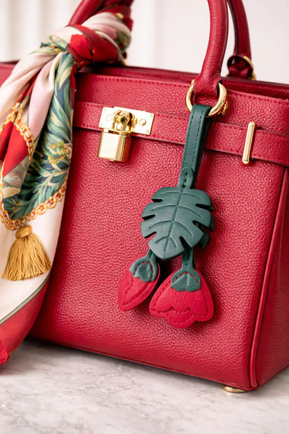 Red Monstera Bloom Leather Bag Charm with leather strap on a red  luxury bag with scarf. 