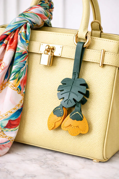 Monstera Bloom Leather Bag Charm – Botanical Floral Leather Keychain, Handmade Flower Bag Accessory, Gift for Plant Lovers - Roxy's Collectables
