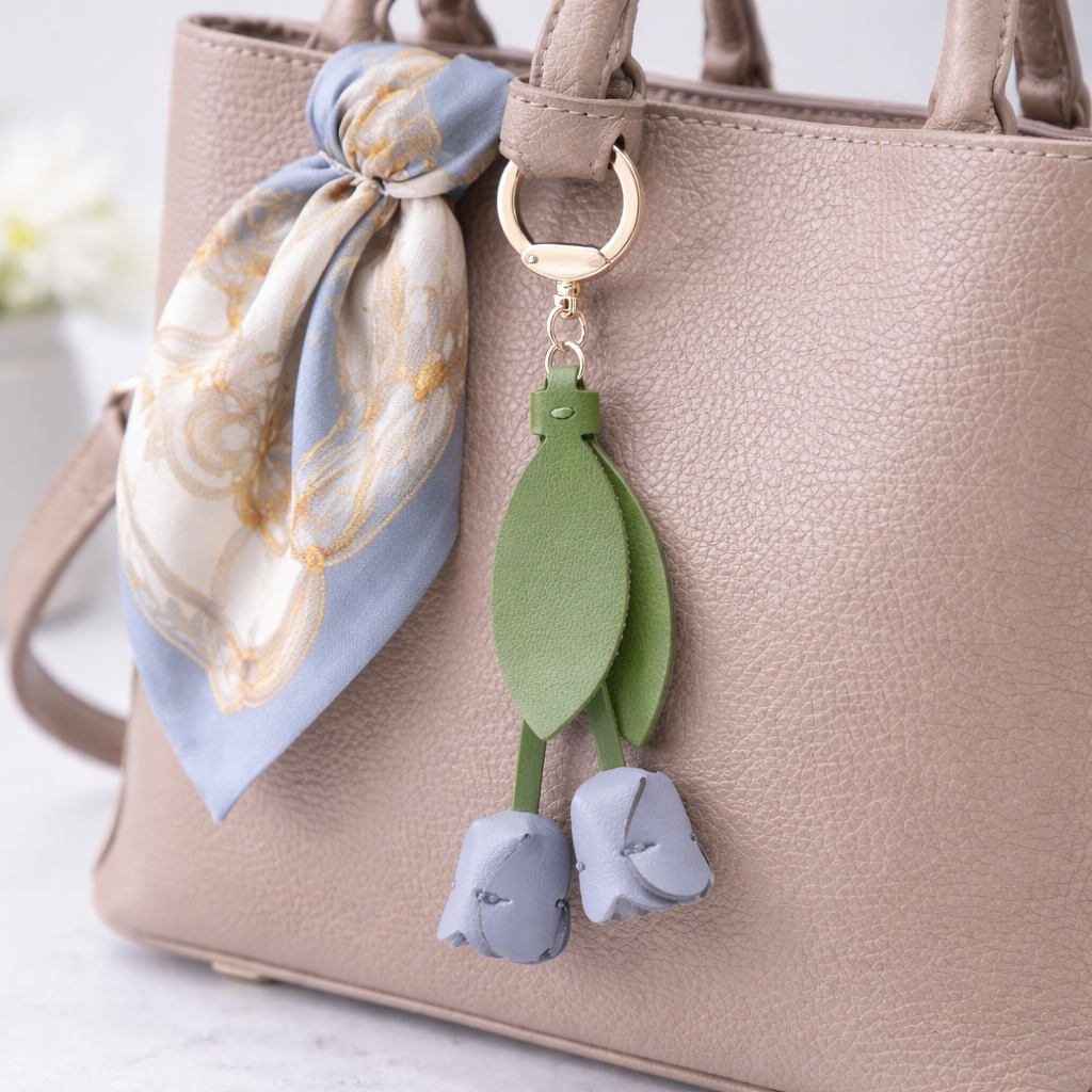 Green Sweetheart Tulip Bag Charm with key ring on purse with scarf. 