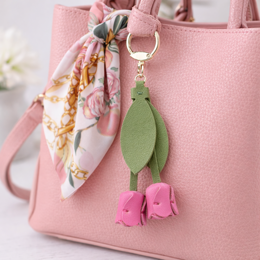 Pink  Sweetheart Tulip Bag Charm with key ring on purse with scarf. 