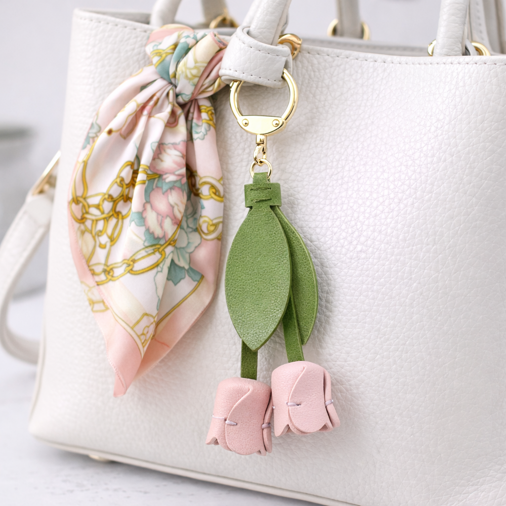 White Sweetheart Tulip Bag Charm with key ring on purse with scarf. 