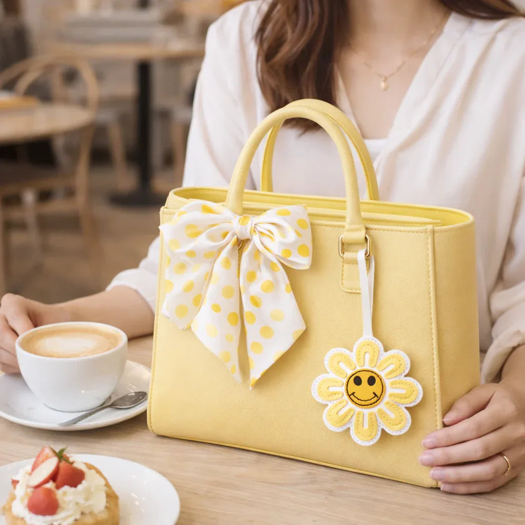 Woman holding a Yellow Smiles in Bloom Daisy Bag Charm on a yellow purse with scarf having coffee. 