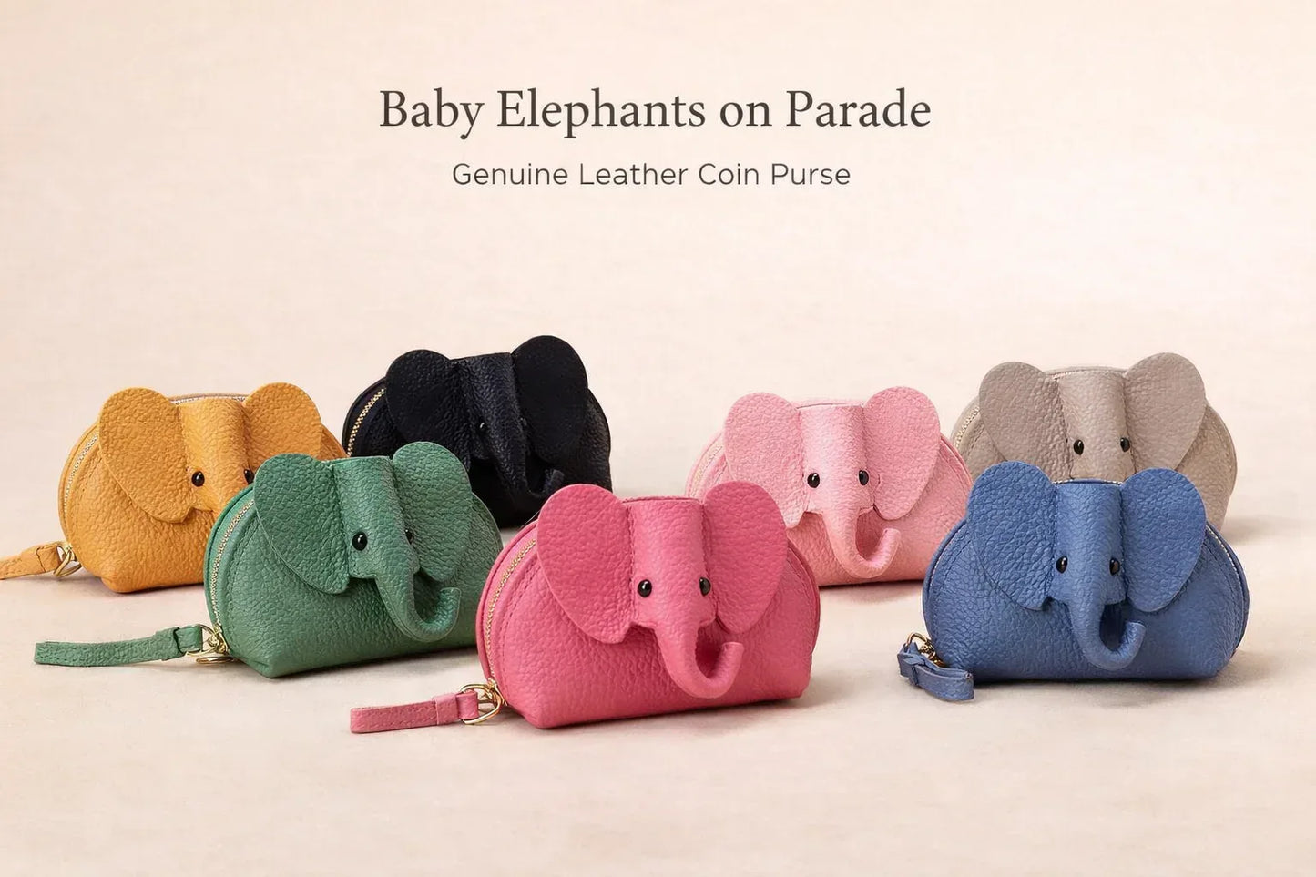 7 Baby Elephants on Parade genuine leather elephant-shaped coin pouch in multiple colors.