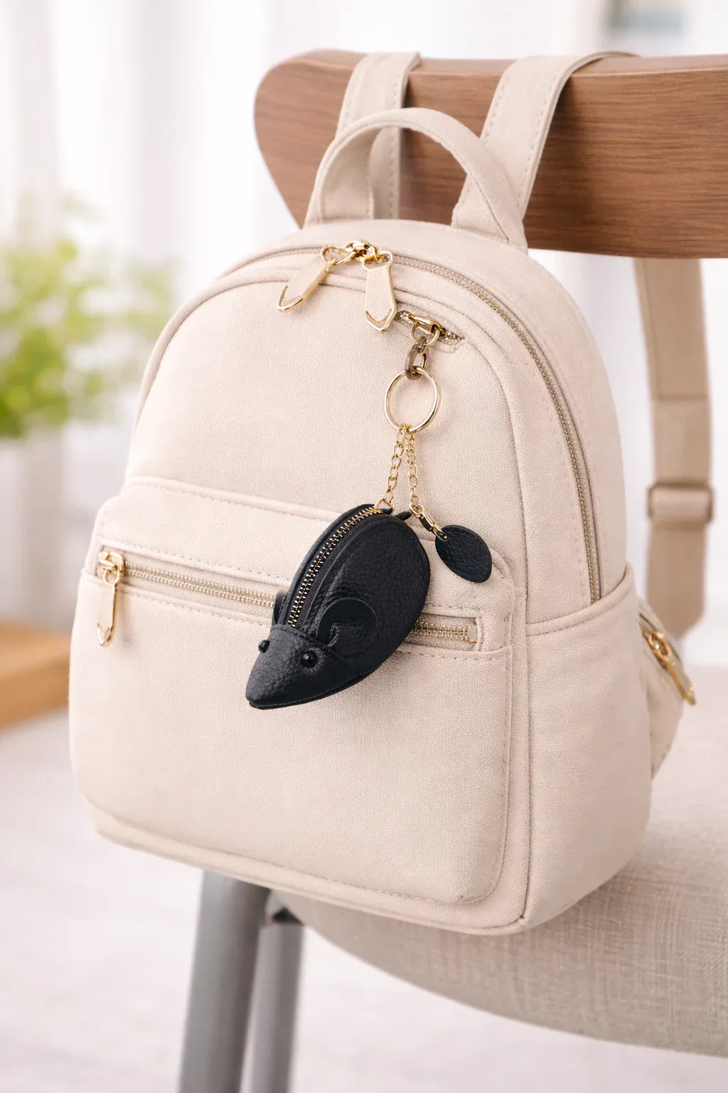 Handcrafted black  leather mouse-shaped coin purse with round ears and a secure zipper and key chain, hanging on a bag to show size.