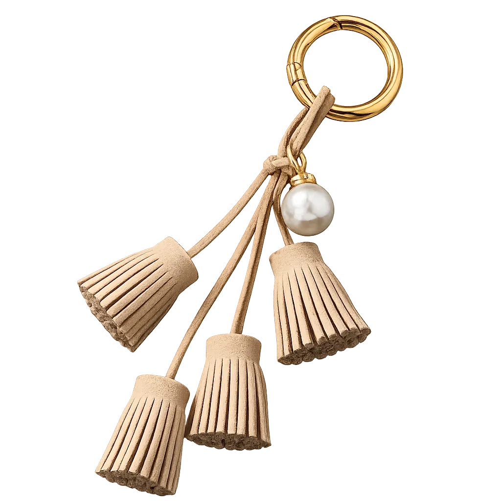 Beige Suede & Pearl Tassel Bag Charm with pearl accent on brass key ring. 