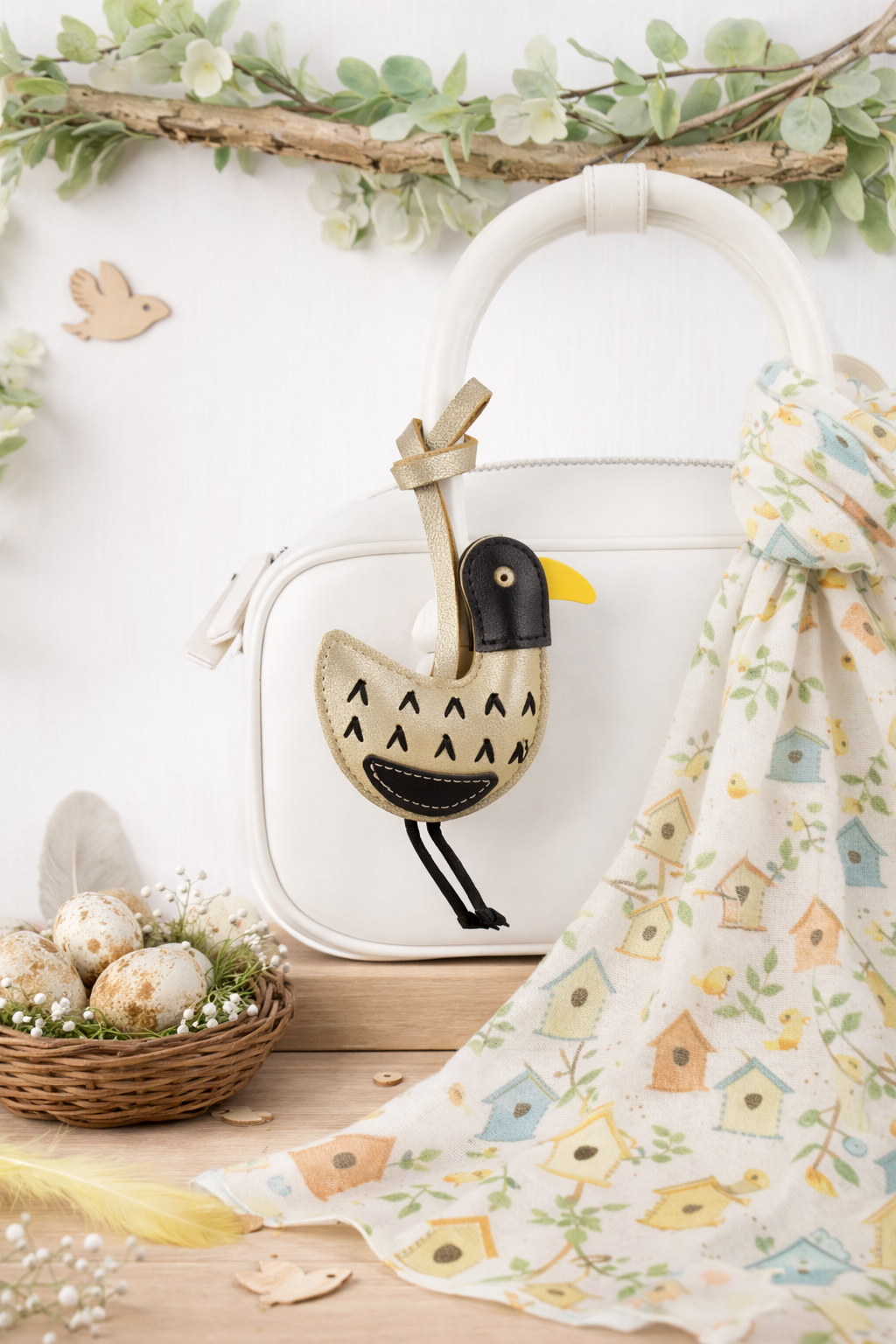 Feathered Friend Bag Charm – Handmade Leather Bird Charm, Cute Purse Accessory, Whimsical Keychain, Gift for Bird Lovers