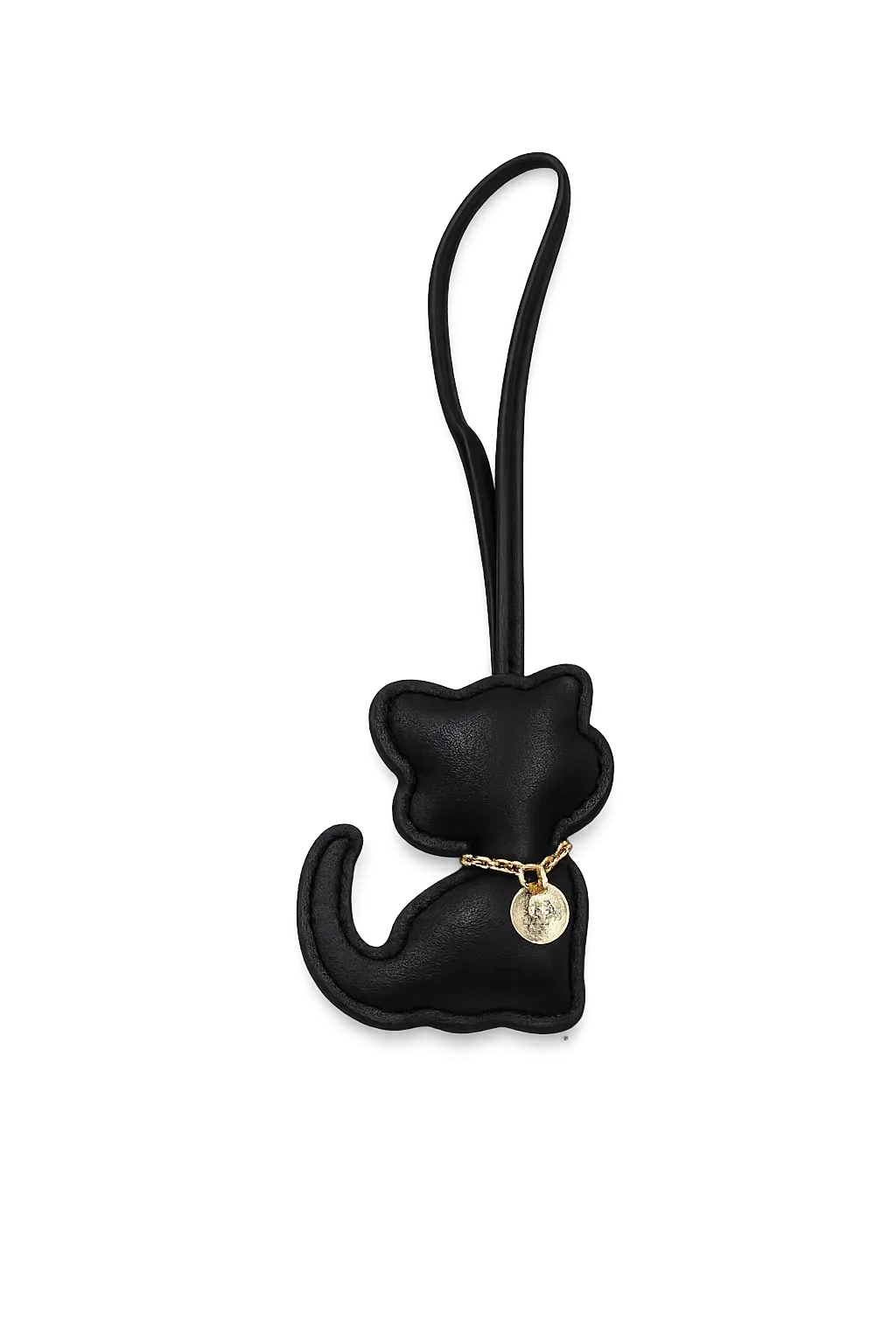 Black Cozy Kitty Handmade Leather Kitten Bag Charm with leather strap.