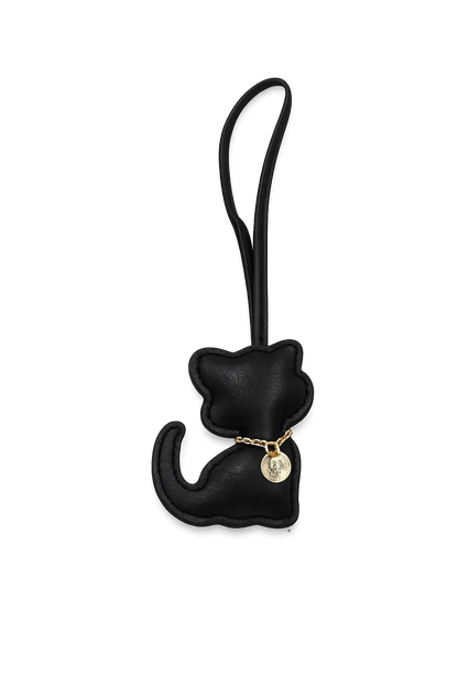Black Cozy Kitty Handmade Leather Kitten Bag Charm with leather strap.