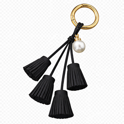 Black Suede & Pearl Tassel Bag Charm with pearl accent on brass key ring. 
