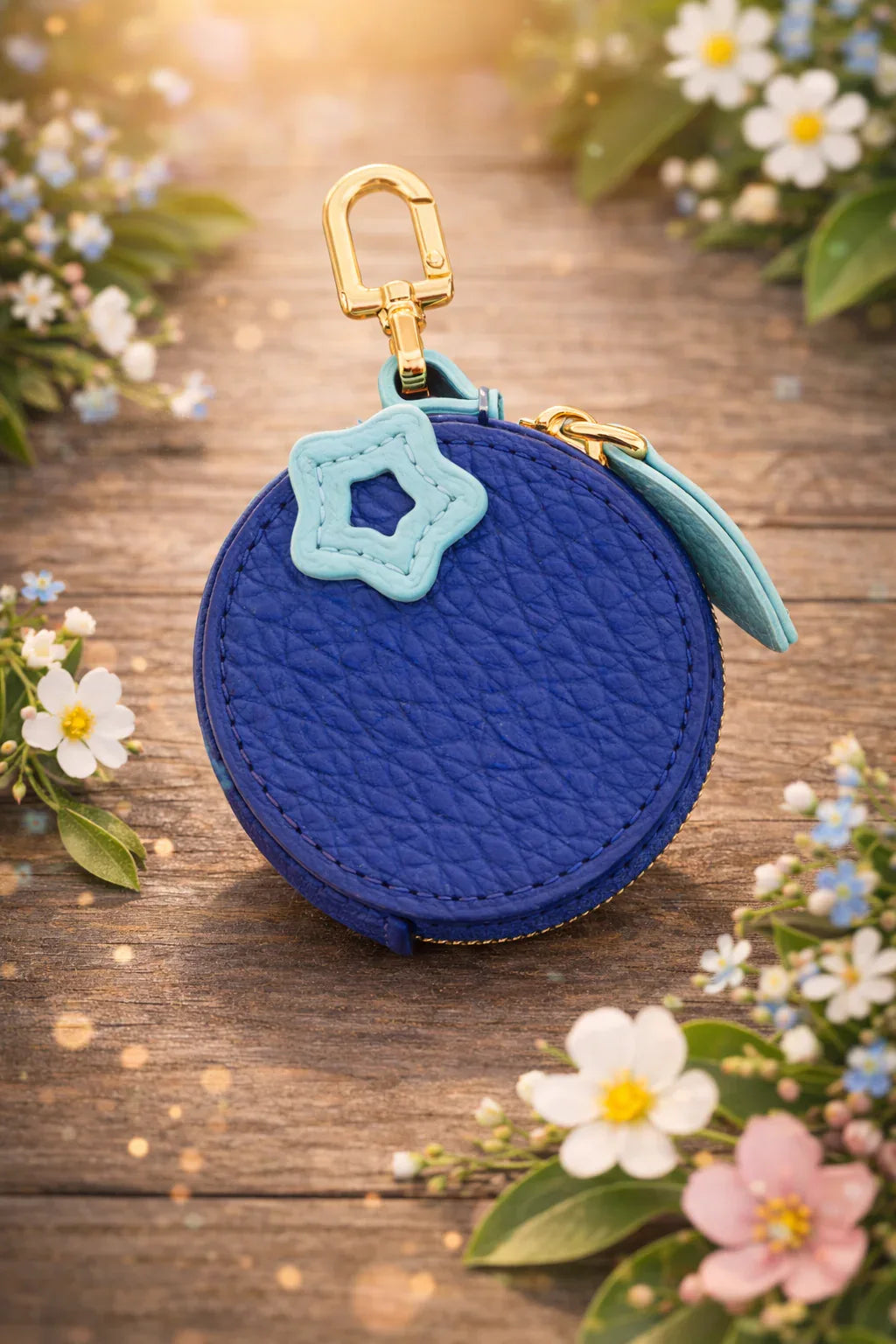 Little Fruit Minis blueberry leather coin purse keychain and bag charm siting on table.