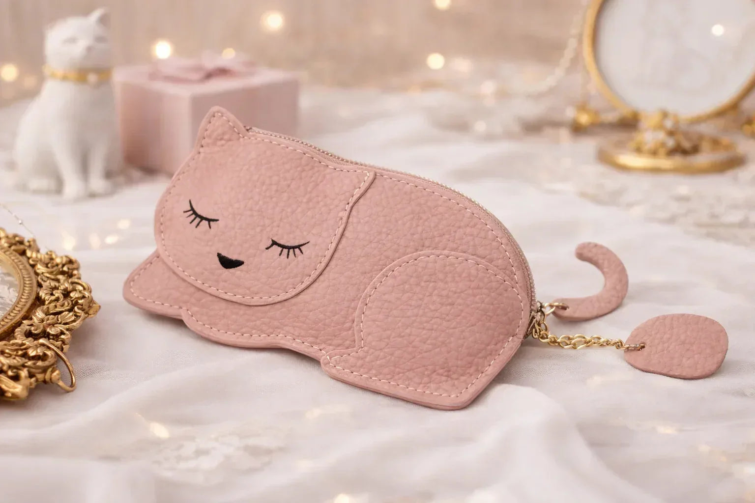 Catnap Cuties sleeping cat leather coin purse in Pink with a zipper closure with tail sitting on table.