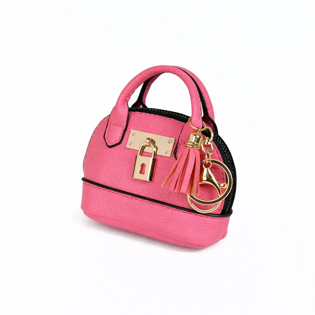 Petite pink Leather Purse Lock & Key Bag Charm  with key ring and zipper. 