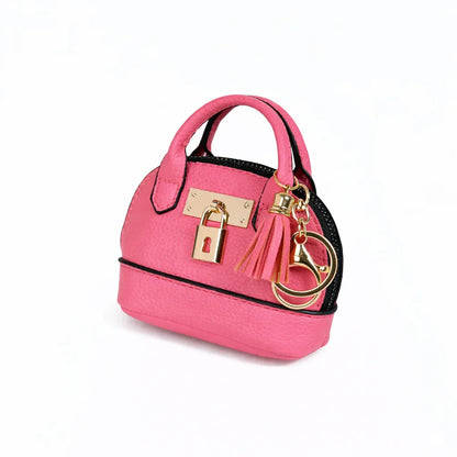 Petite pink Leather Purse Lock & Key Bag Charm  with key ring and zipper. 