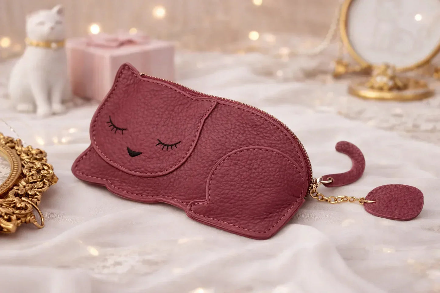 Catnap Cuties sleeping cat leather coin purse in Burgundy with a zipper closure with tail.