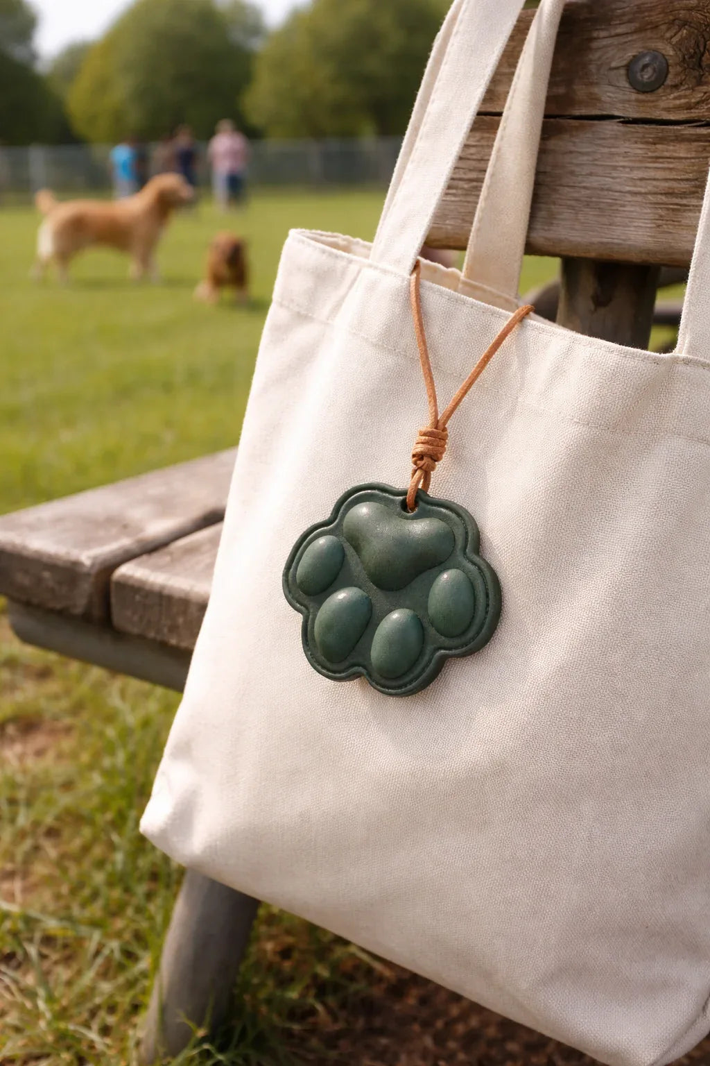 Everyday Companion Green Dog Paw Bag Charm  with leather strap on a white tote bag outside. 