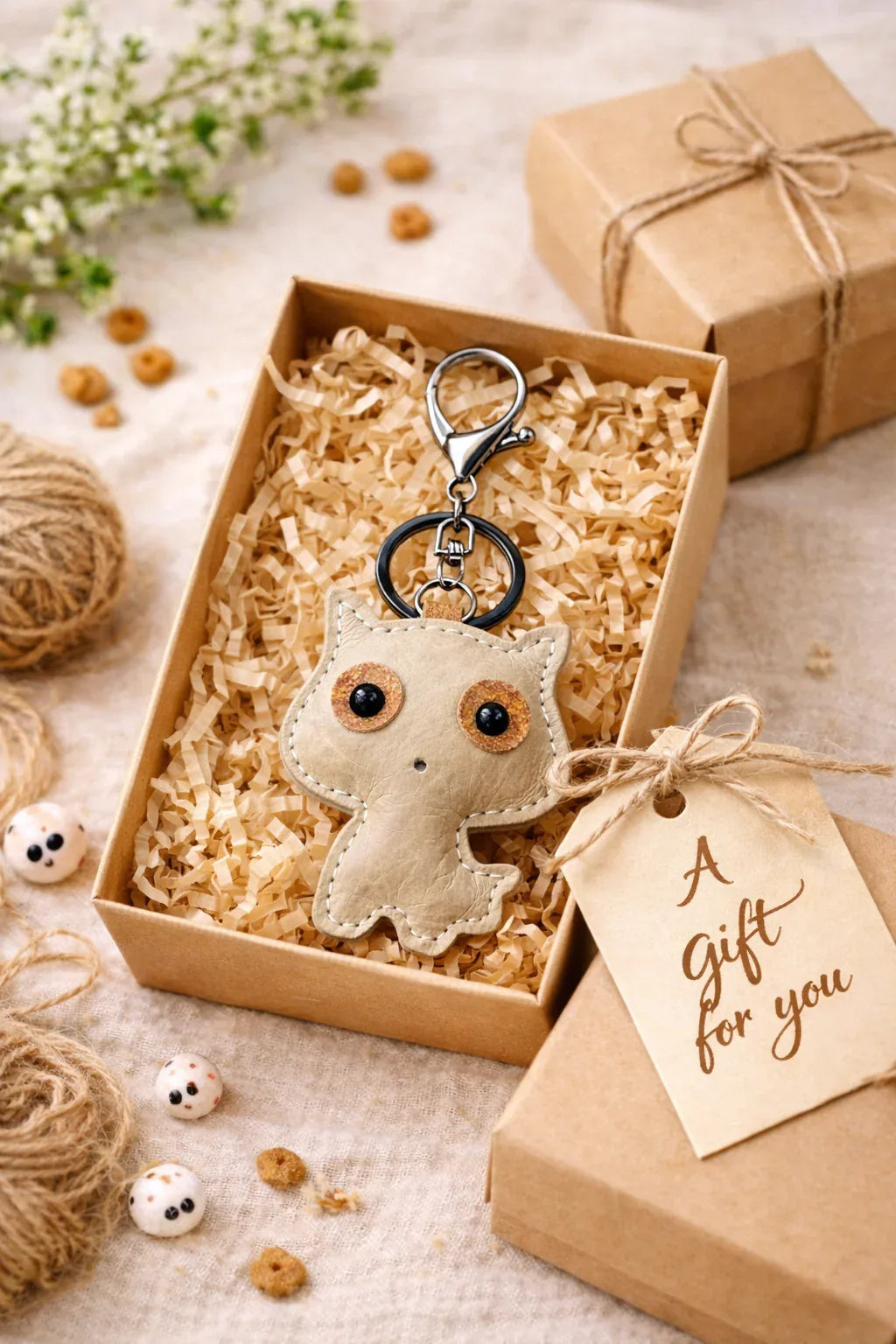 Whisker Wink tan leather cat charm inside a gift box to show size and as a gift.