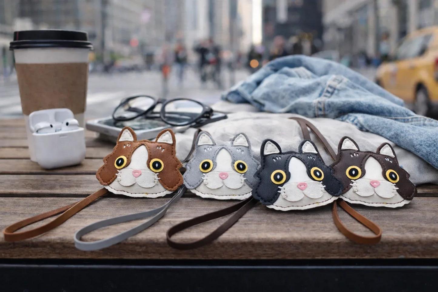 4 Whiskered Heirloom Leather Cat Charms in a row on a bench in the city with coffee, AirPods and jean jacket.