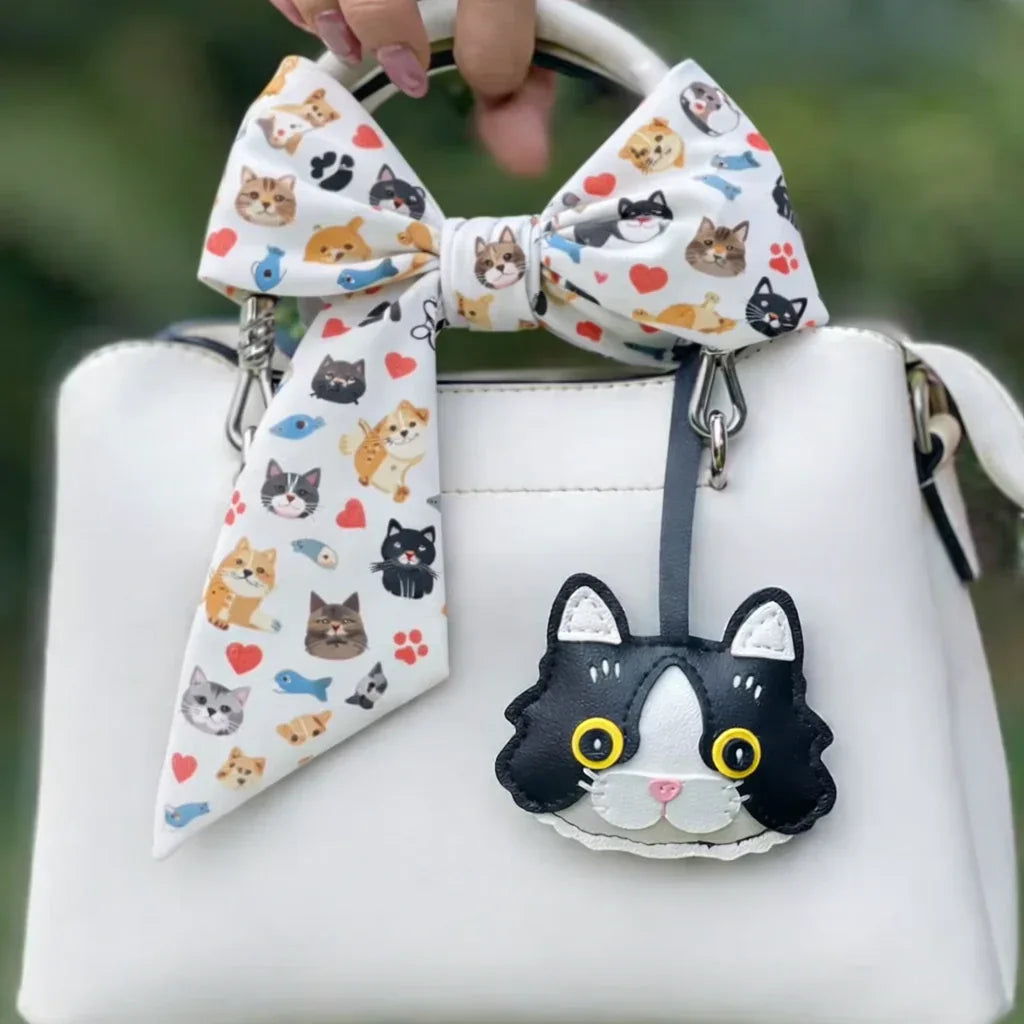 Black Whiskered Heirloom Leather Cat Charm with leather strap pin white purse with cat scarf. 