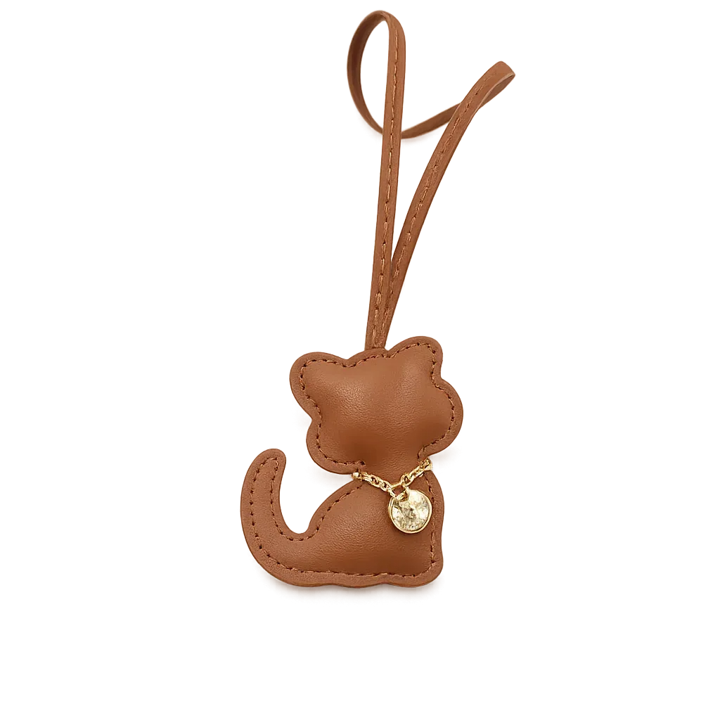 Brown Cozy Kitty Handmade Leather Kitten Bag Charm with leather strap.