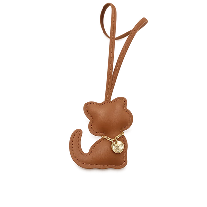 Brown Cozy Kitty Handmade Leather Kitten Bag Charm with leather strap.