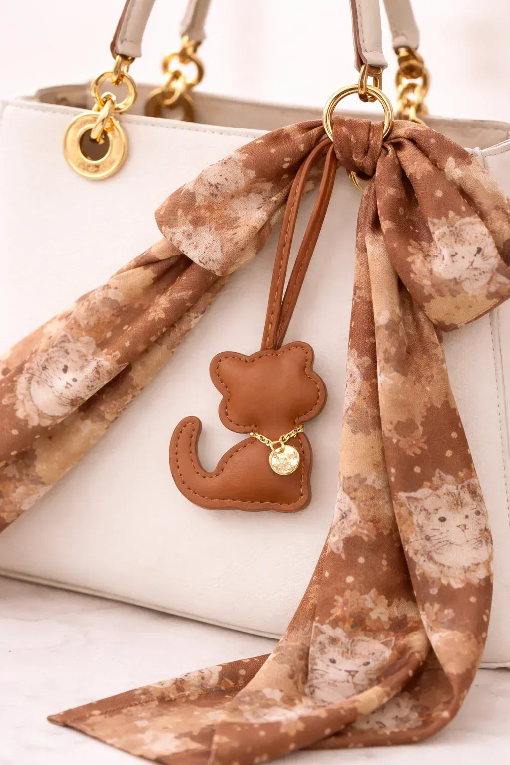 Brown Cozy Kitty Handmade Leather Kitten Bag Charm with leather strap on a white purse with scarf.