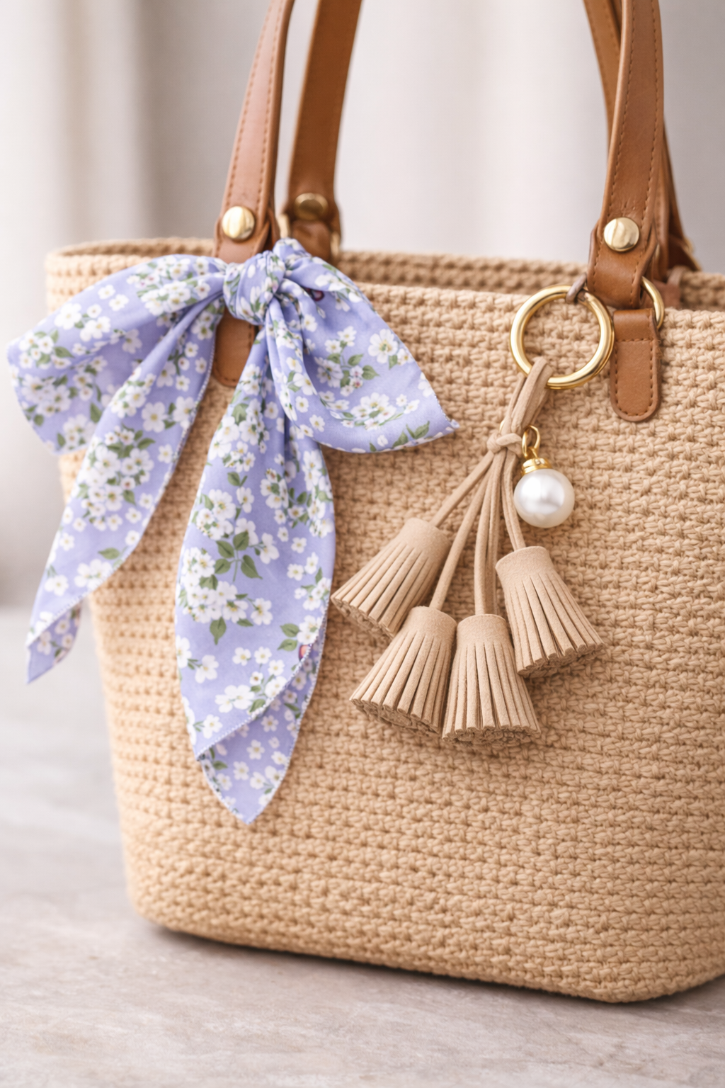 Cream Suede & Pearl Tassel Bag Charm with pearl accent on brass key ring on straw bag with scarf. 