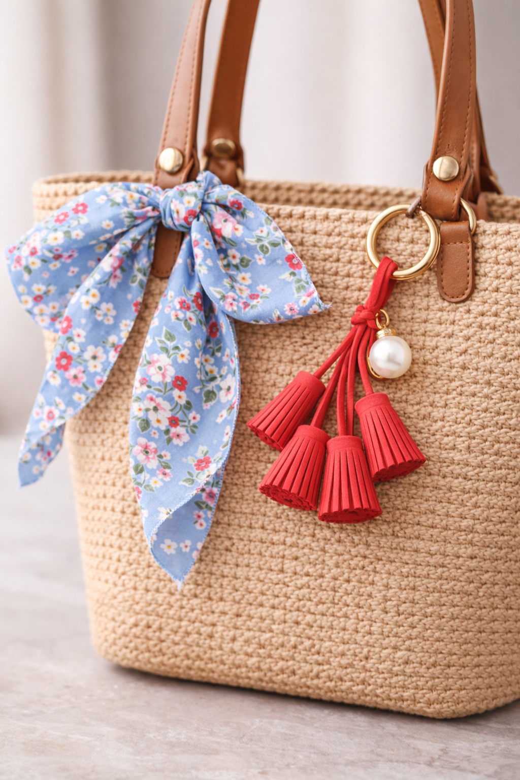Orange Suede & Pearl Tassel Bag Charm with pearl accent on brass key ring on straw bag with scarf. 