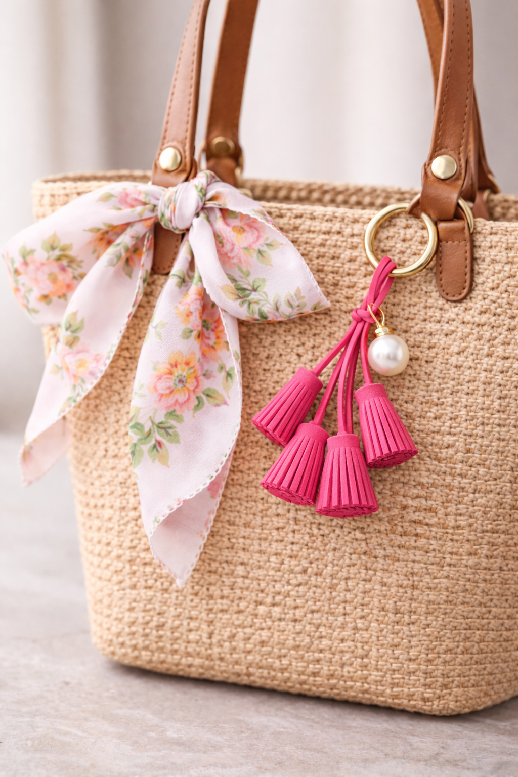 Pink suede & Pearl Tassel Bag Charm with pearl accent on brass key ring on straw purse with scarf. 