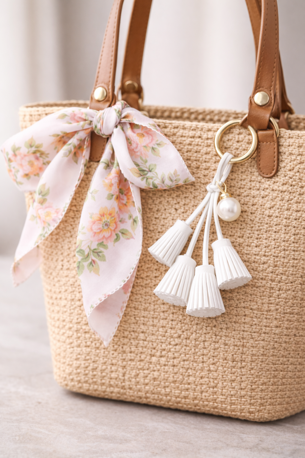 White  Suede & Pearl Tassel Bag Charm with pearl accent on brass key ring on straw bag with scarf. 