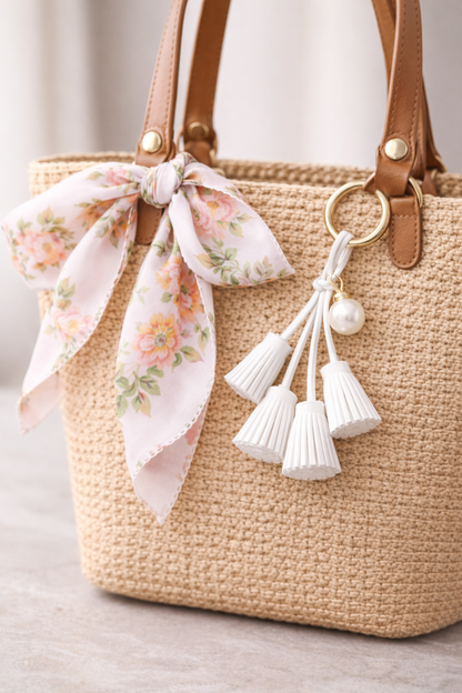White  Suede & Pearl Tassel Bag Charm with pearl accent on brass key ring on straw bag with scarf. 