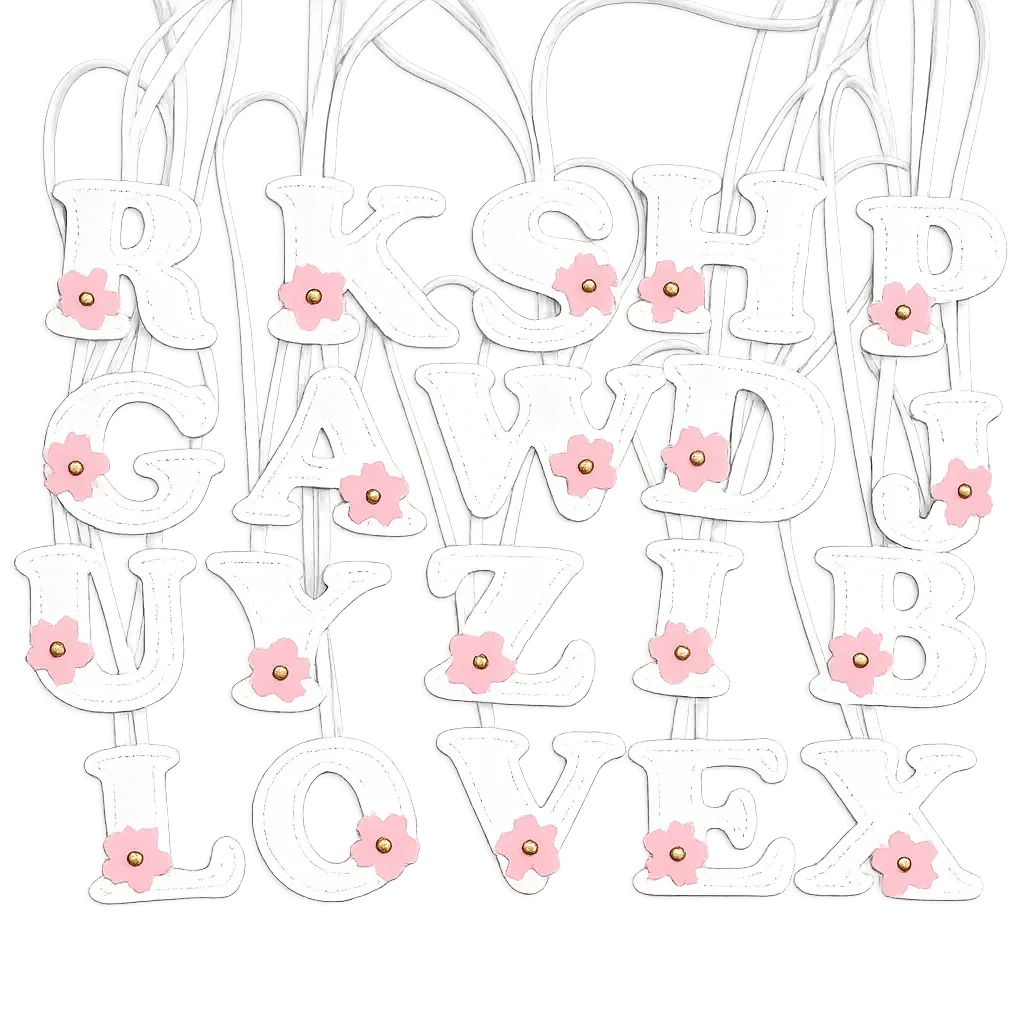 Various Initials in Bloom Alphabet Bag Charms with leather strap. 