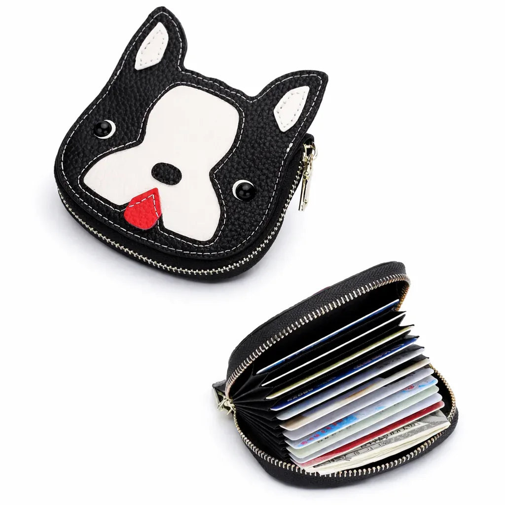 Small leather Black dog cardholder shown the inside.