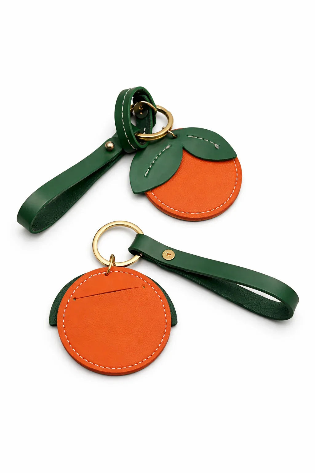 Little Orchard Orange Fruit Bag Charm with leather strap, showing back and front. 