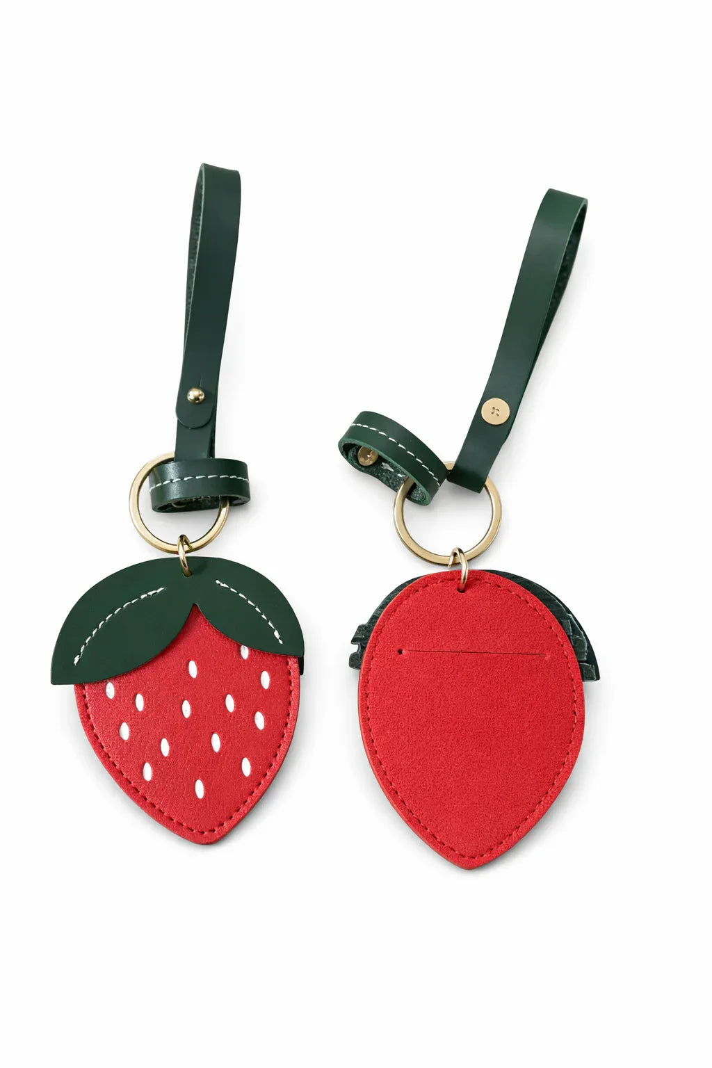 Little Orchard Strawberry Fruit Bag Charm with leather strap, showing back and front. 