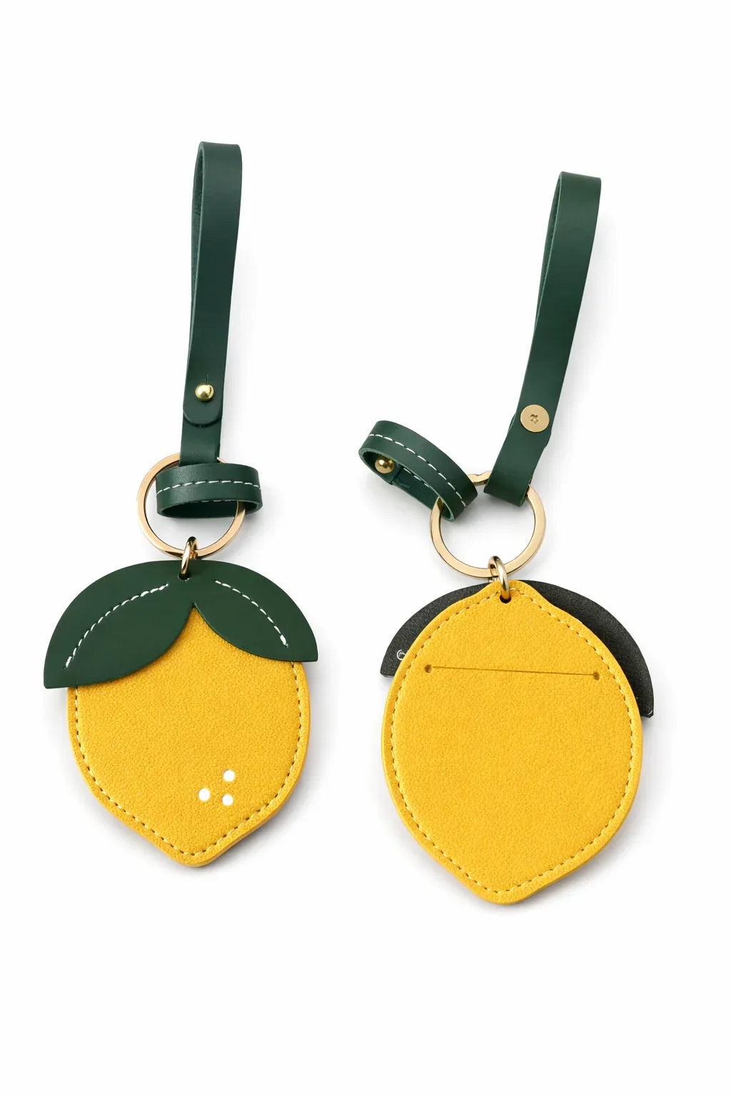 Little Orchard Lemon Fruit Bag Charm with leather strap, showing back and front. 