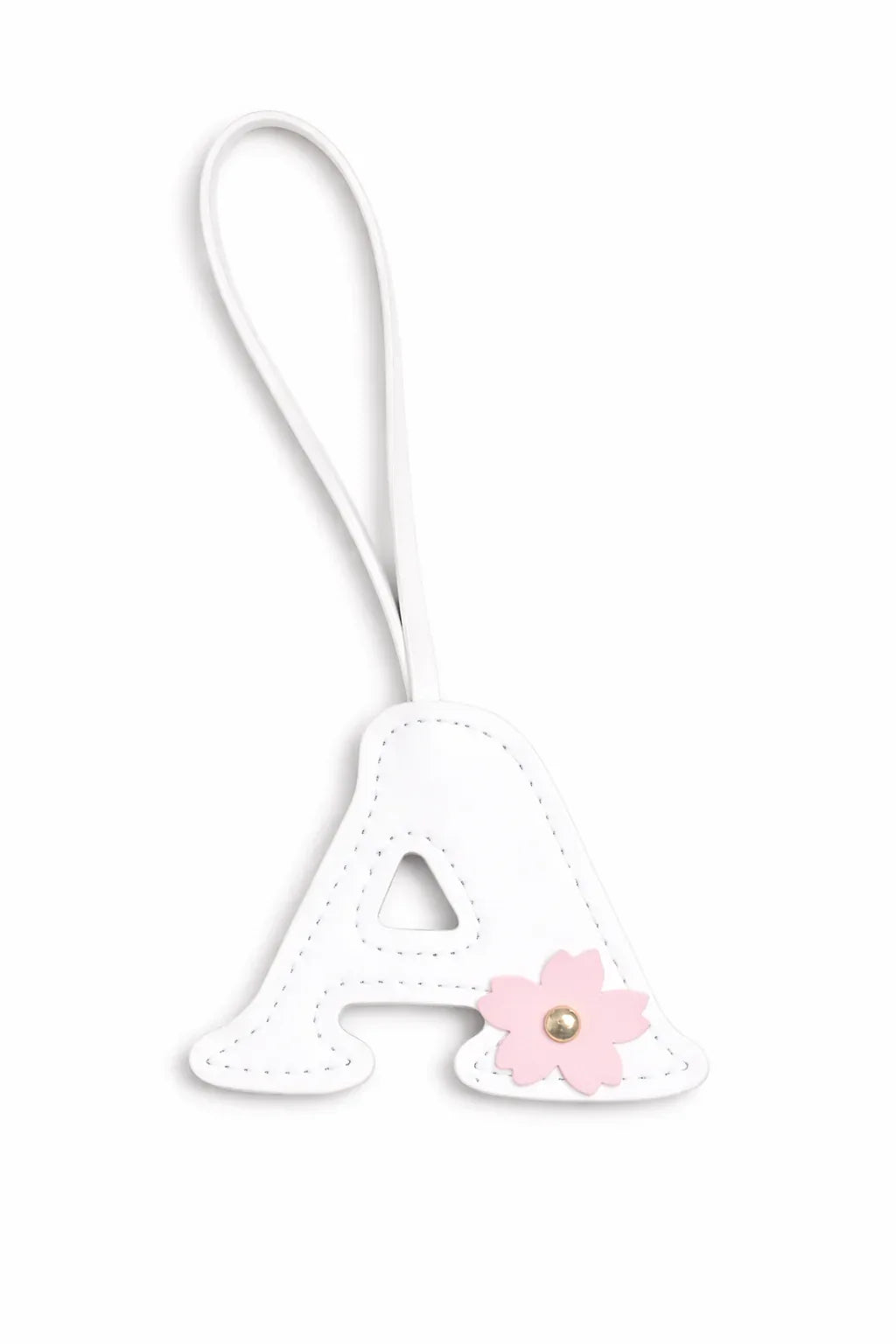 Initials in Bloom Alphabet Bag Charm "A" with leather strap on white background. 
