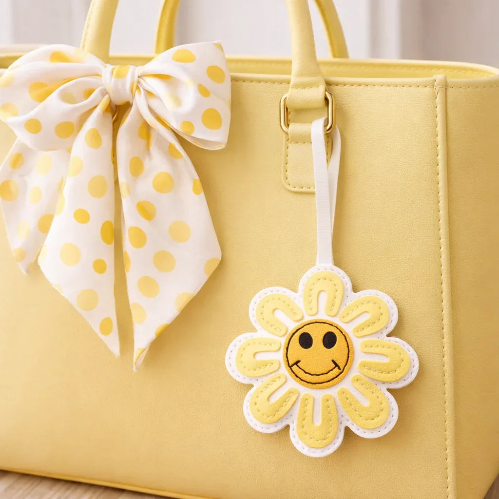 A Yellow Smiles in Bloom Daisy Bag Charm on a yellow purse with scarf on table. 