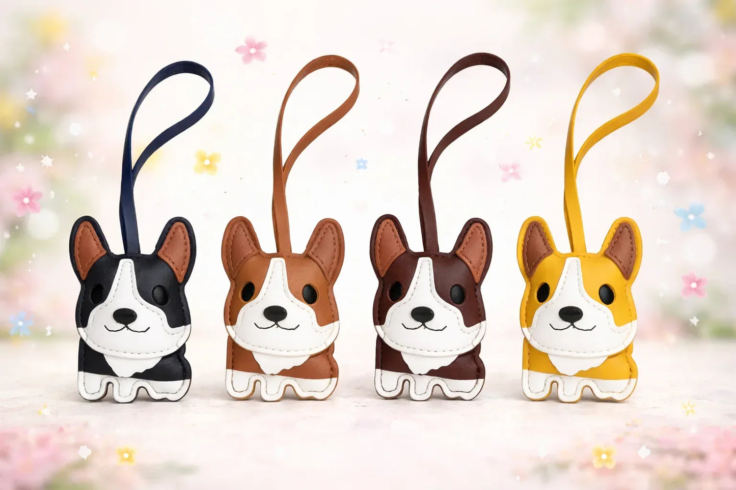 4 different colored Corgi Companions Leather Bag Charms with leather strap in a row on fun background.