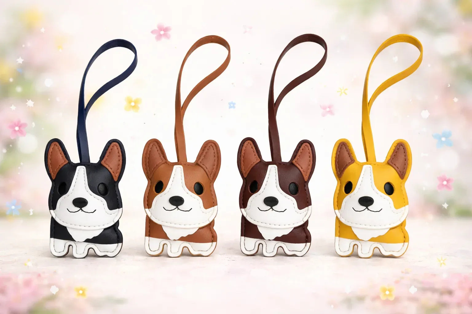 4 different colored Corgi Companions Leather Bag Charms with leather strap in a row on fun background.