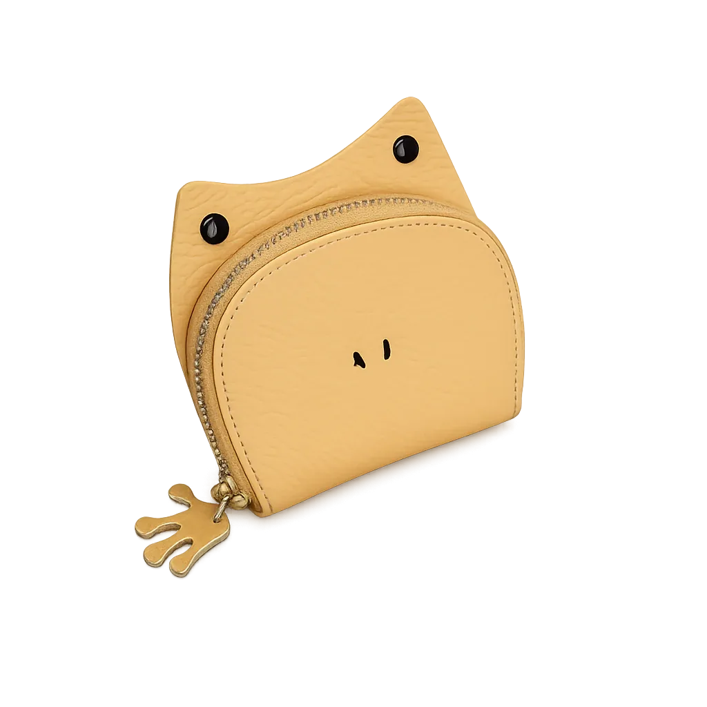 Handcrafted yellow  leather frog-shaped card holder with a smiling face and gold zipper.