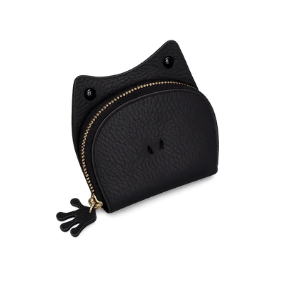 Handcrafted black leather frog-shaped card holder with a smiling face and gold zipper.